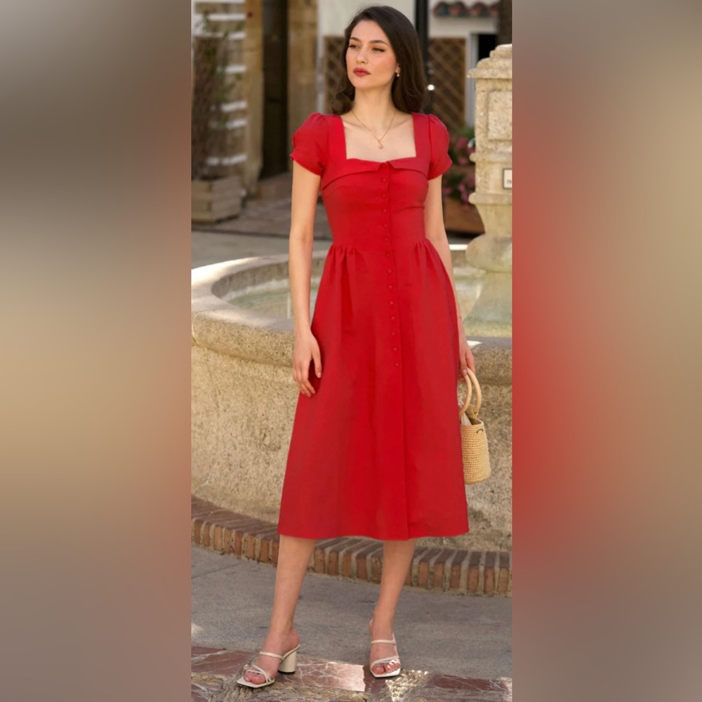 Red Linen Button Down Dress